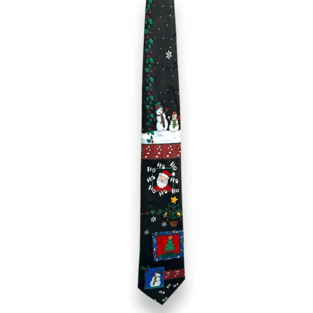 Christmas Santa Claus Hallmark Yule Tie Greetings Tie Black Snowman Holiday